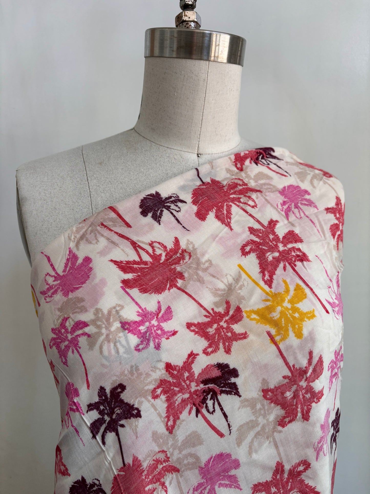 Pink Yellow Taupe White Palm Tree Print Rayon Challis "Don't Worry be Palm"