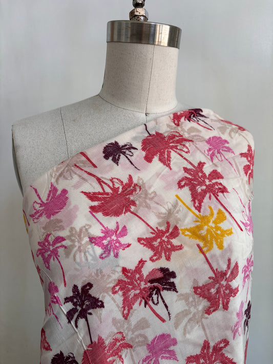 Pink Yellow Taupe White Palm Tree Print Rayon Challis "Don't Worry be Palm"