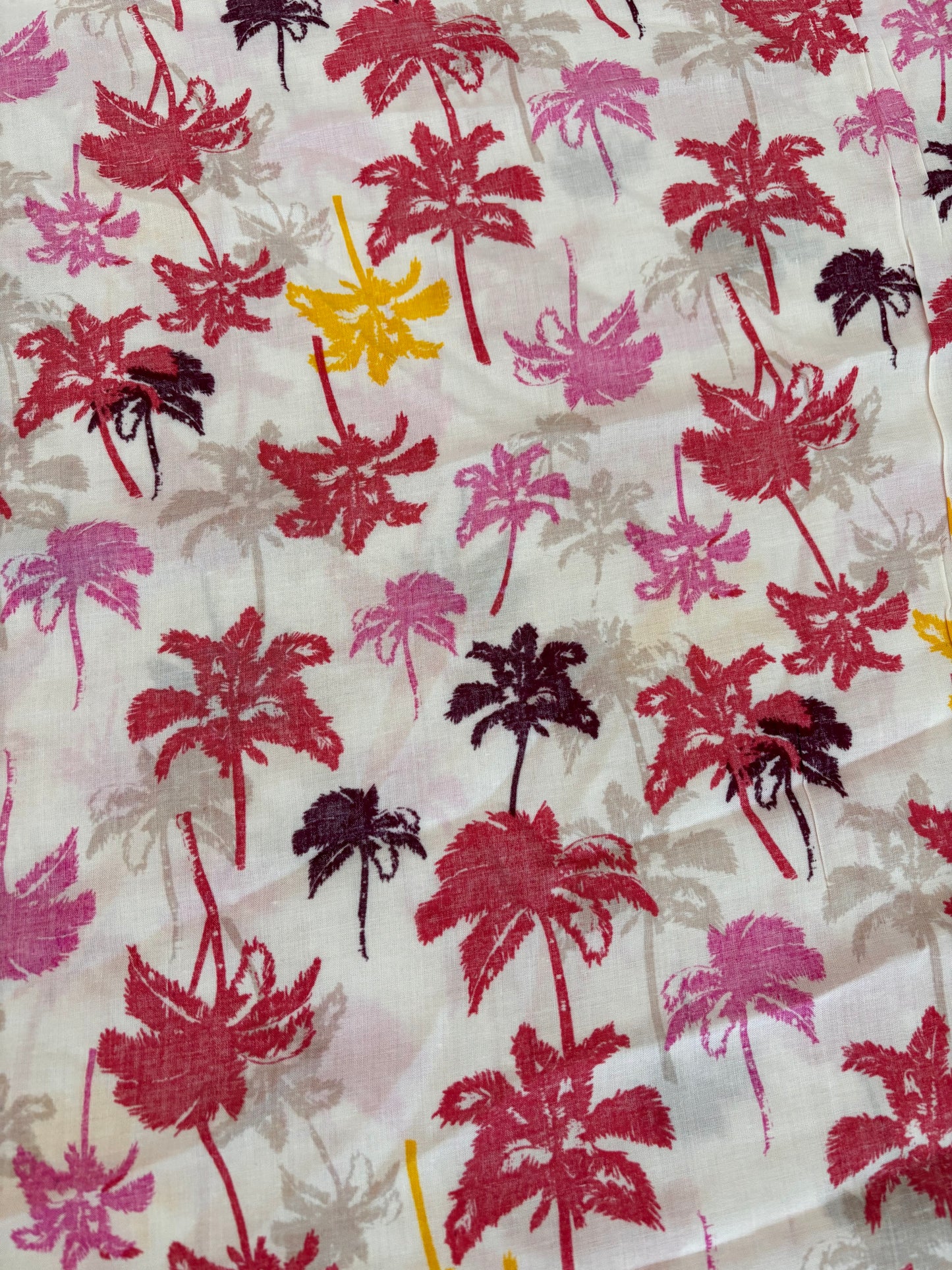 Pink Yellow Taupe White Palm Tree Print Rayon Challis "Don't Worry be Palm"