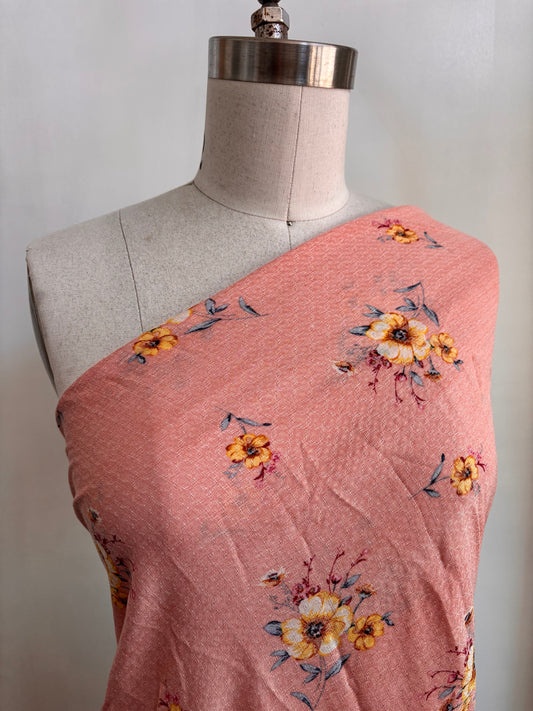 Pink Yellow Floral Rayoch Challis Jacquard "Peach Garden"