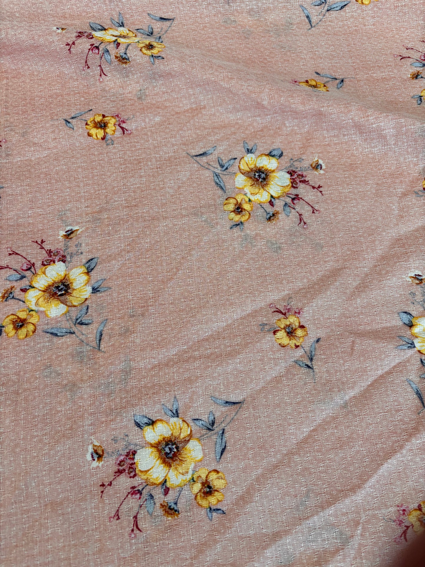 Pink Yellow Floral Rayon Challis Jacquard "Peach Garden"