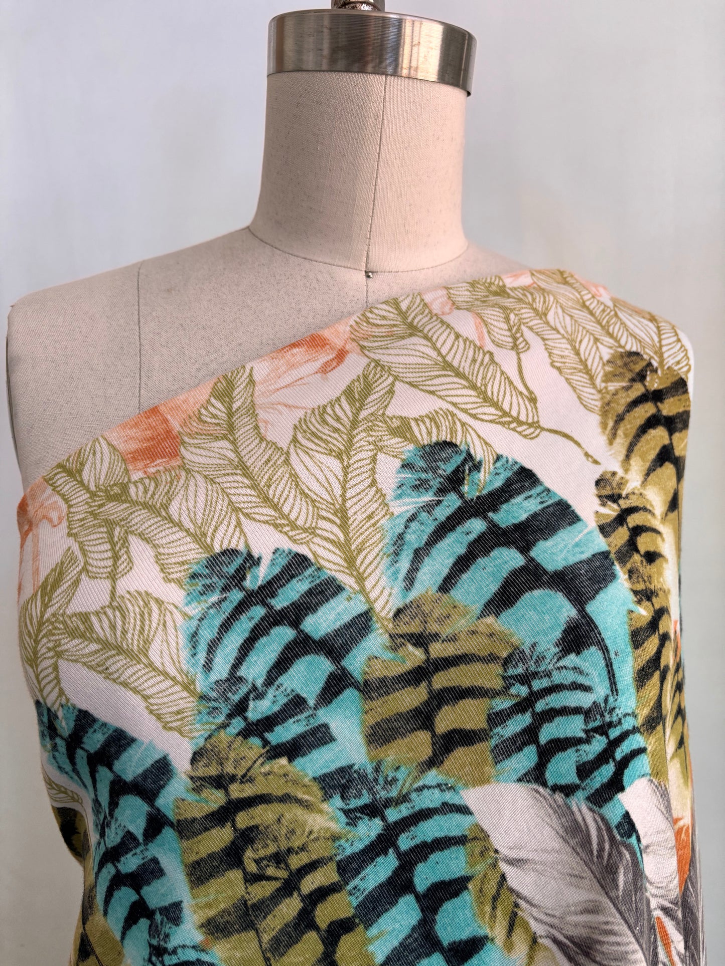 Turquoise Olive Green Orange Feather Print Cotton Spandex Jersey "Penna"