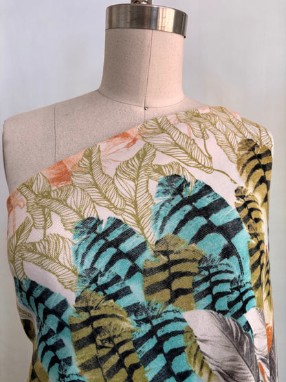 Turquoise Olive Green Orange Feather Print Cotton Spandex Jersey "Penna"