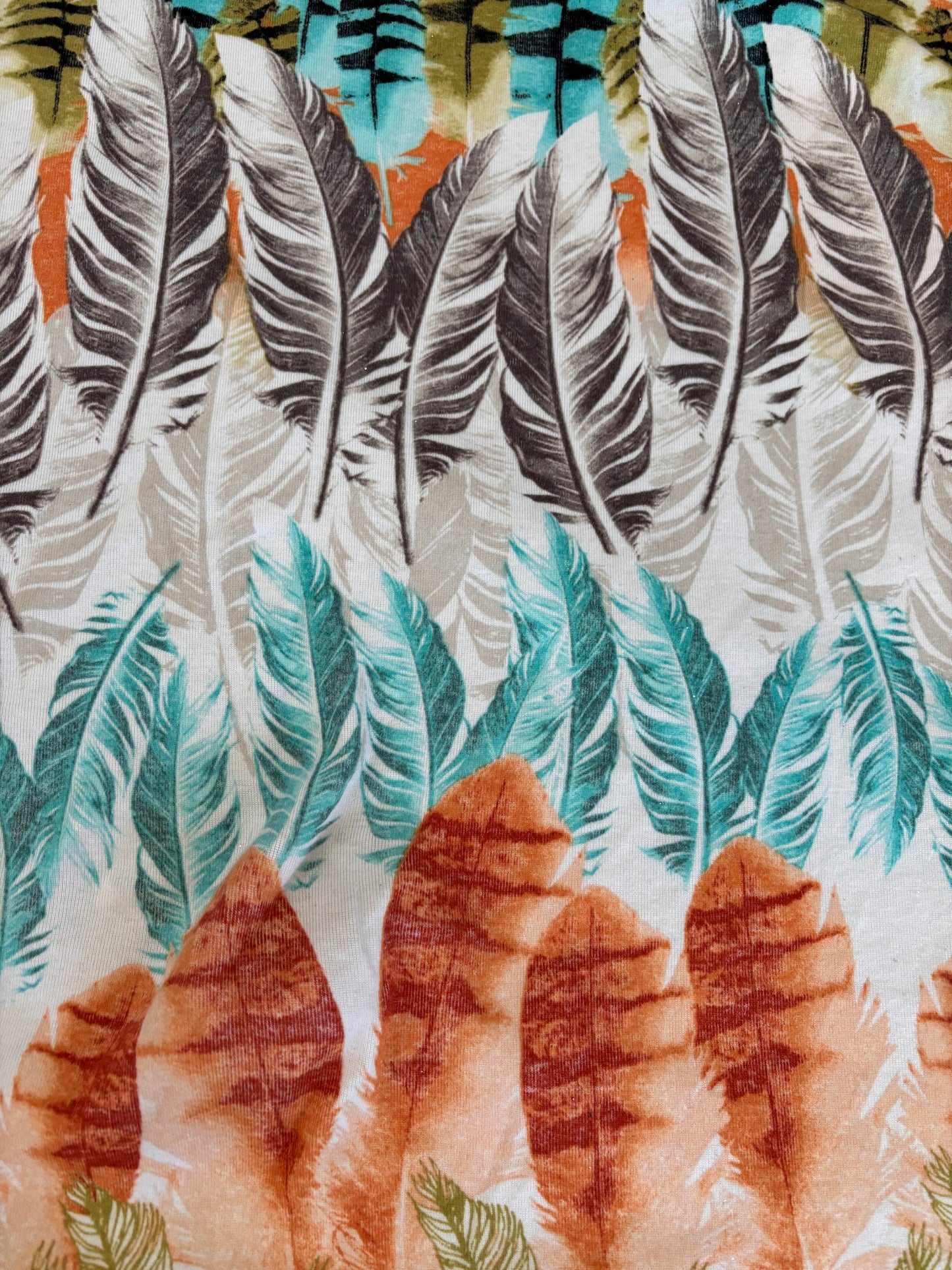 Turquoise Olive Green Orange Feather Print Cotton Spandex Jersey "Penna"