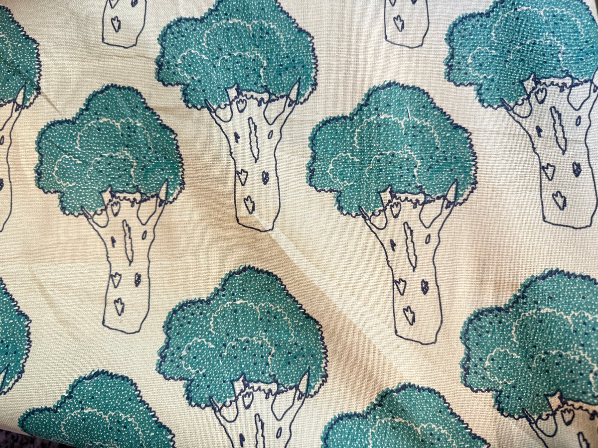 Green Broccoli Print Cotton Linen Fabric "You Broc My World"