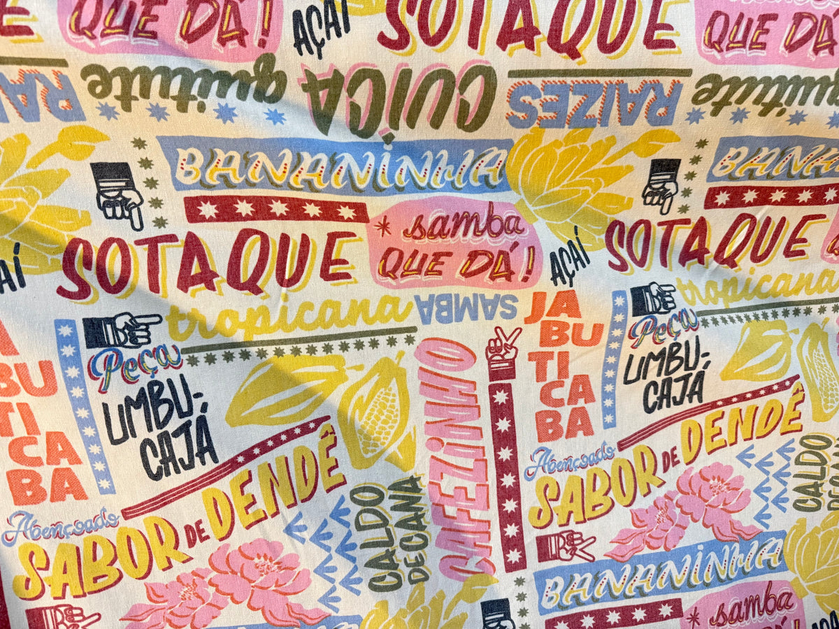 Cream Pink Yellow Graphic Type Print Cotton Linen Fabric "Gráfica"