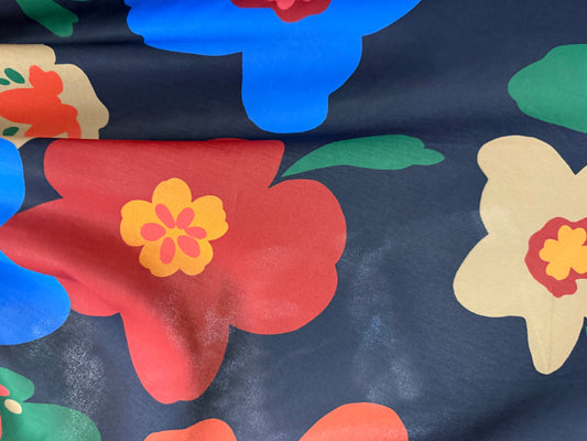 Black Red Blue Green Large Floral Flower Print Polyester Crepe "Crayon Garden"