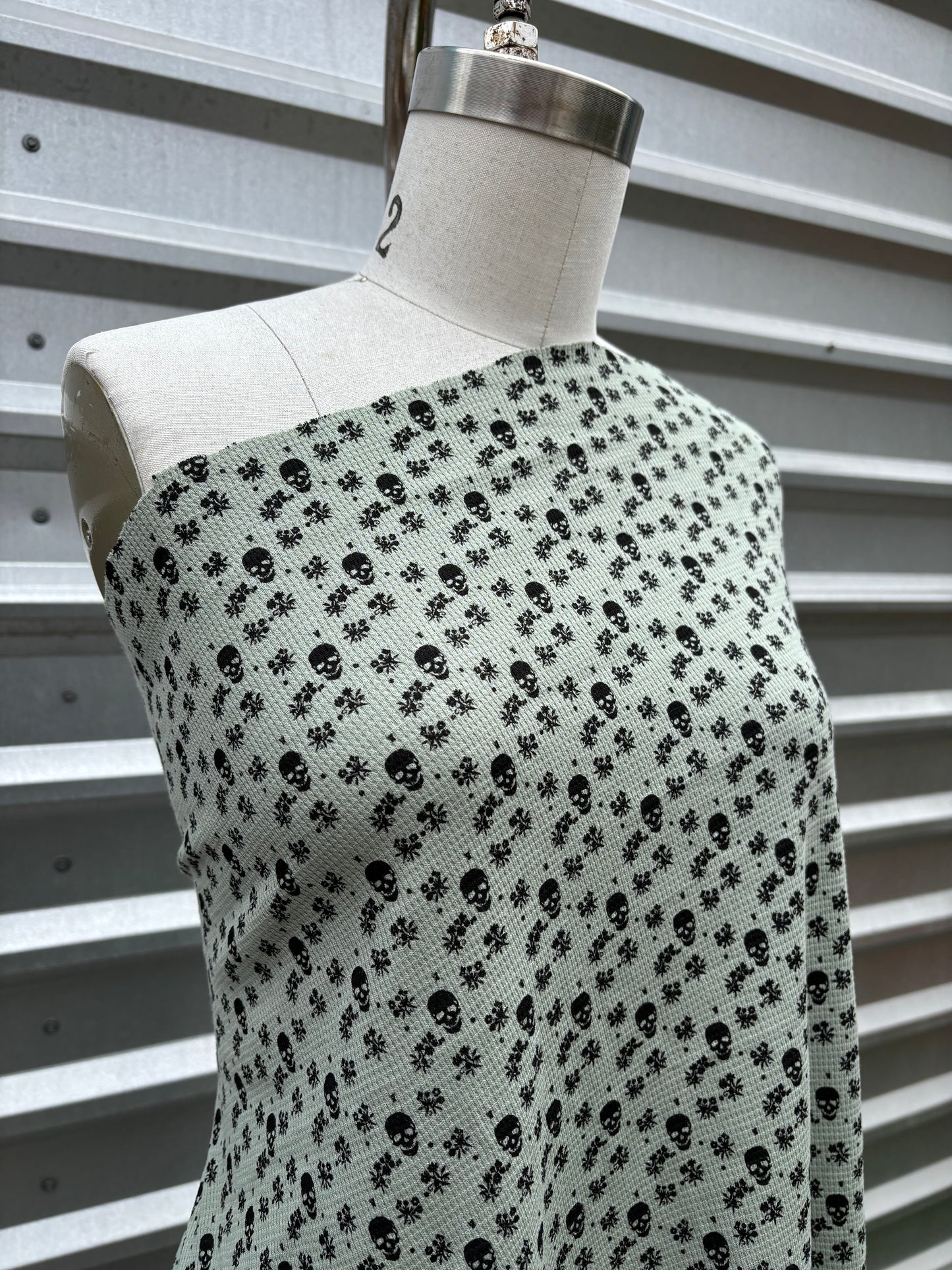Sage Green Black Skull Print Cotton Thermal Knit "Warm Bones"