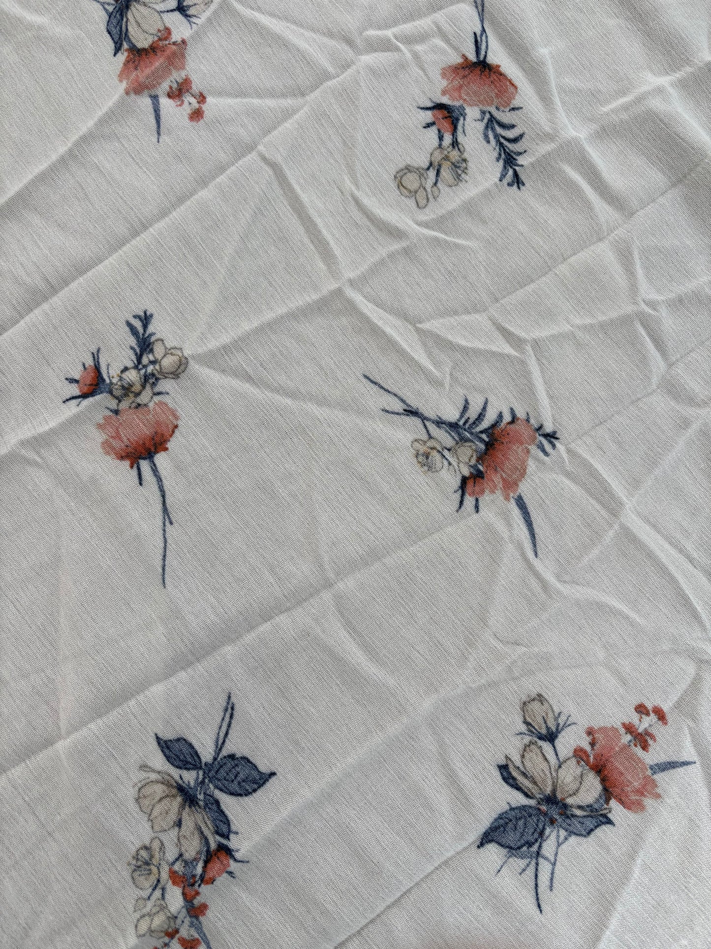White Peach Blue Floral Print Rayon Crepe Woven "Meadow Stroll"