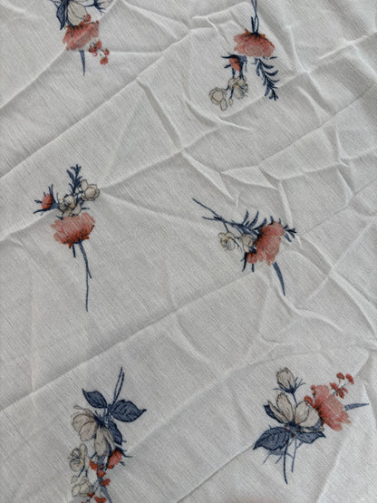 White Peach Blue Floral Print Rayon Crepe Woven "Meadow Stroll"