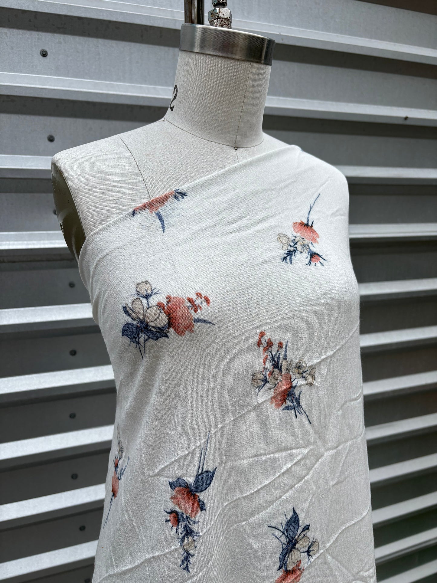 White Peach Blue Floral Print Rayon Crepe Woven "Meadow Stroll"