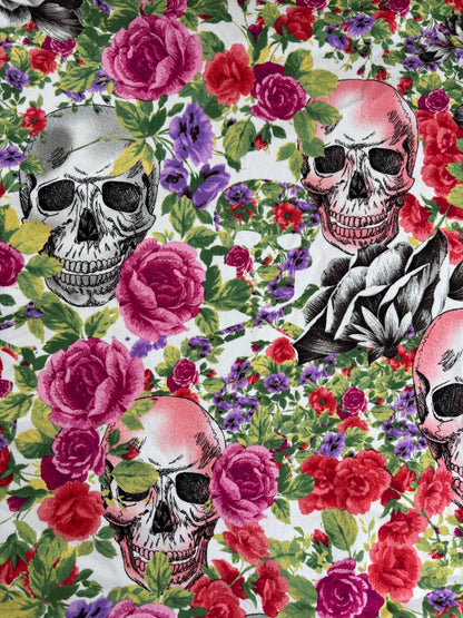 Red Pink Purple Black White Skull Floral Print Cotton Spandex Twill "Black Rose Sanctuary"