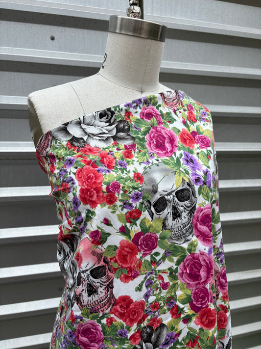 Red Pink Purple Black White Skull Floral Print Cotton Spandex Twill "Black Rose Sanctuary"
