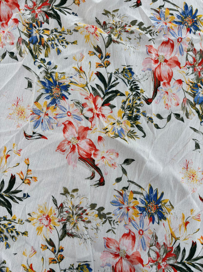White Green Red Yellow Tropical Floral Print Rayon Crepe Woven "Sula"