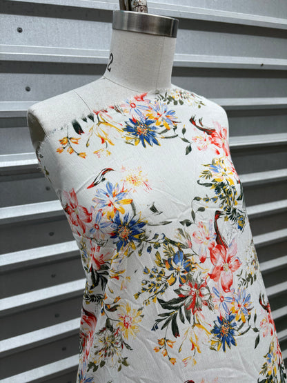 White Green Red Yellow Tropical Floral Print Rayon Crepe Woven "Sula"