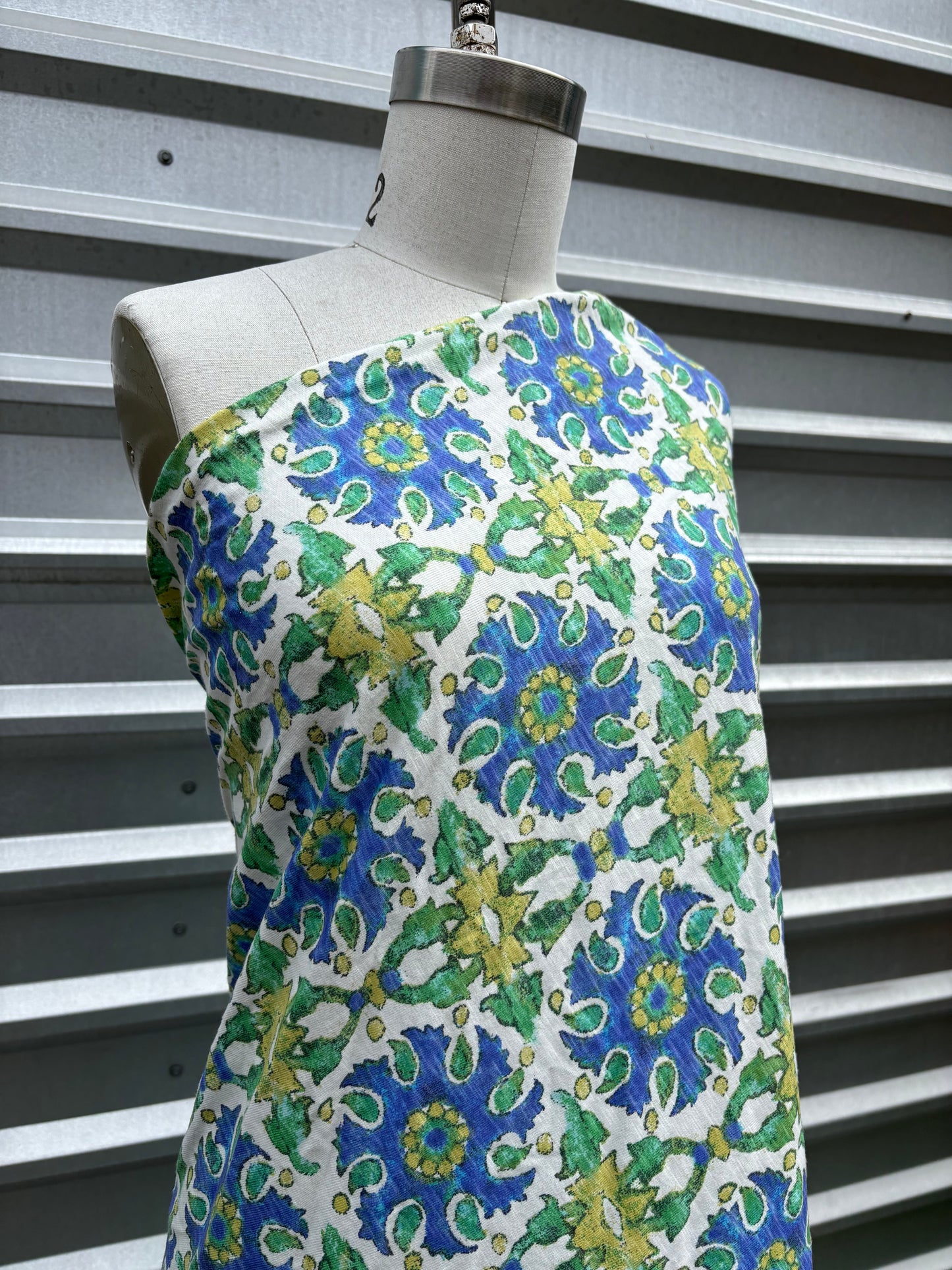 White Green Blue Block Print Slub Cotton Jersey "Athena"