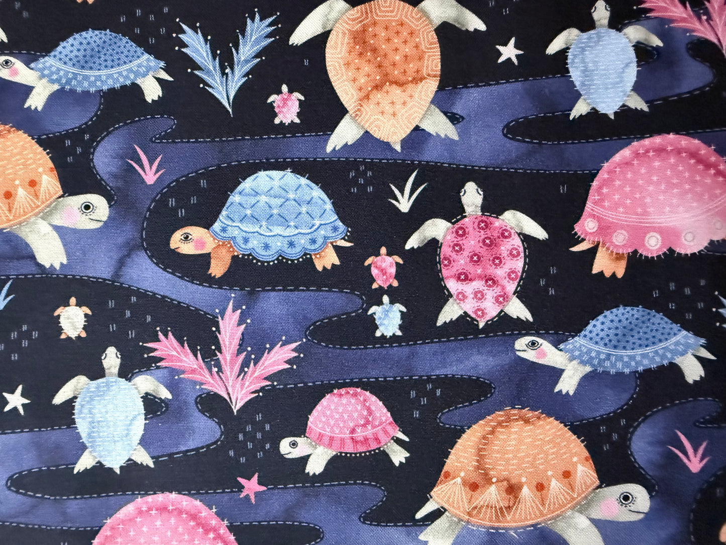 Navy Pink Turtle Cotton Poplin Quilt Woven “Greenberg in Space"