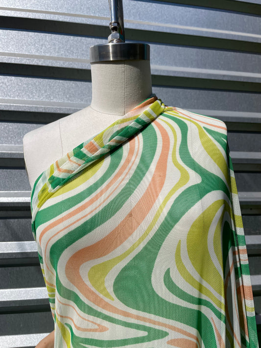 Green Yellow Retro Swirl Printed Mesh "Trippy Guac"
