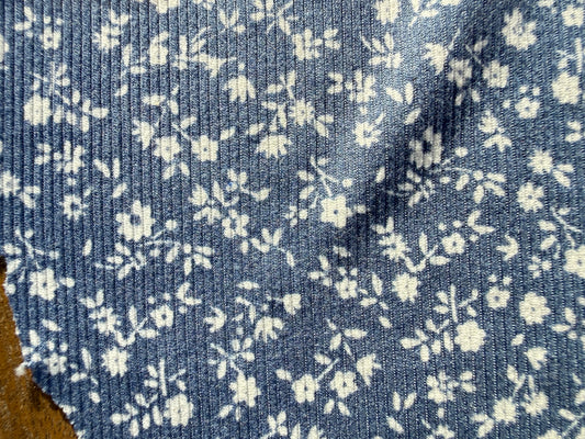 Blue White Ditsy Floral Polyester Spandex Rib Knit "Jenni"