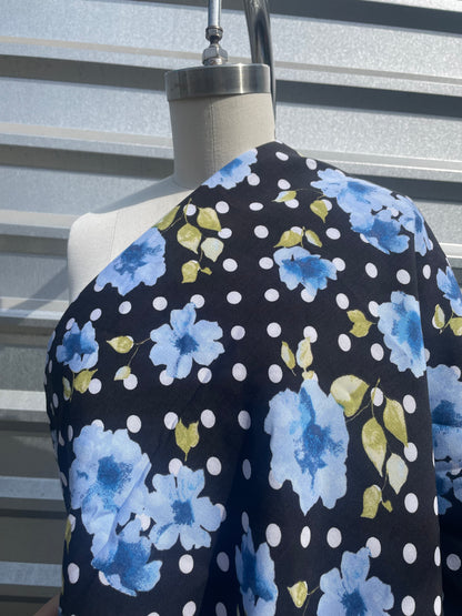 Blue Floral Black White Polka Dot Rayon Challis "Betty Too"
