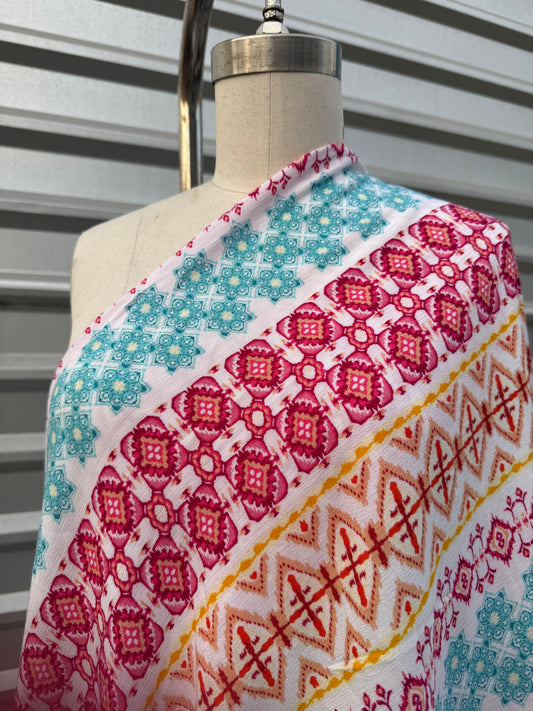 Yellow Orange White Pink Aqua Boho Geometric Stripe Print Rayon Crepe Woven "Blast in Baja"