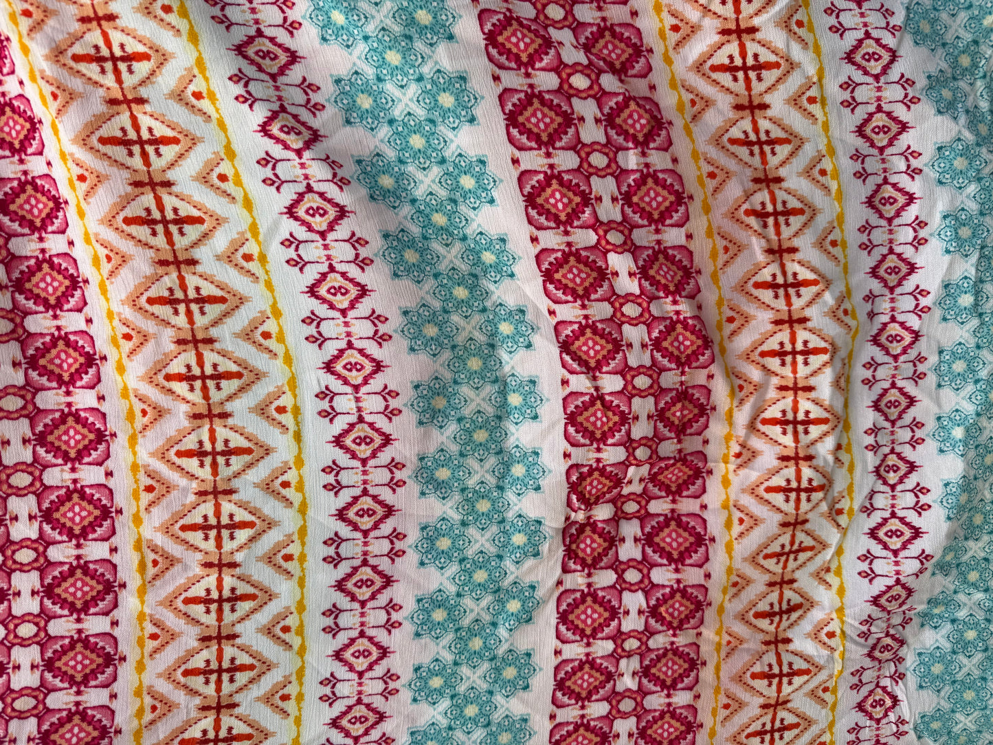 Yellow Orange White Pink Aqua Boho Geometric Stripe Print Rayon Crepe Woven "Blast in Baja"