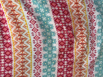 Yellow Orange White Pink Aqua Boho Geometric Stripe Print Rayon Crepe Woven "Blast in Baja"
