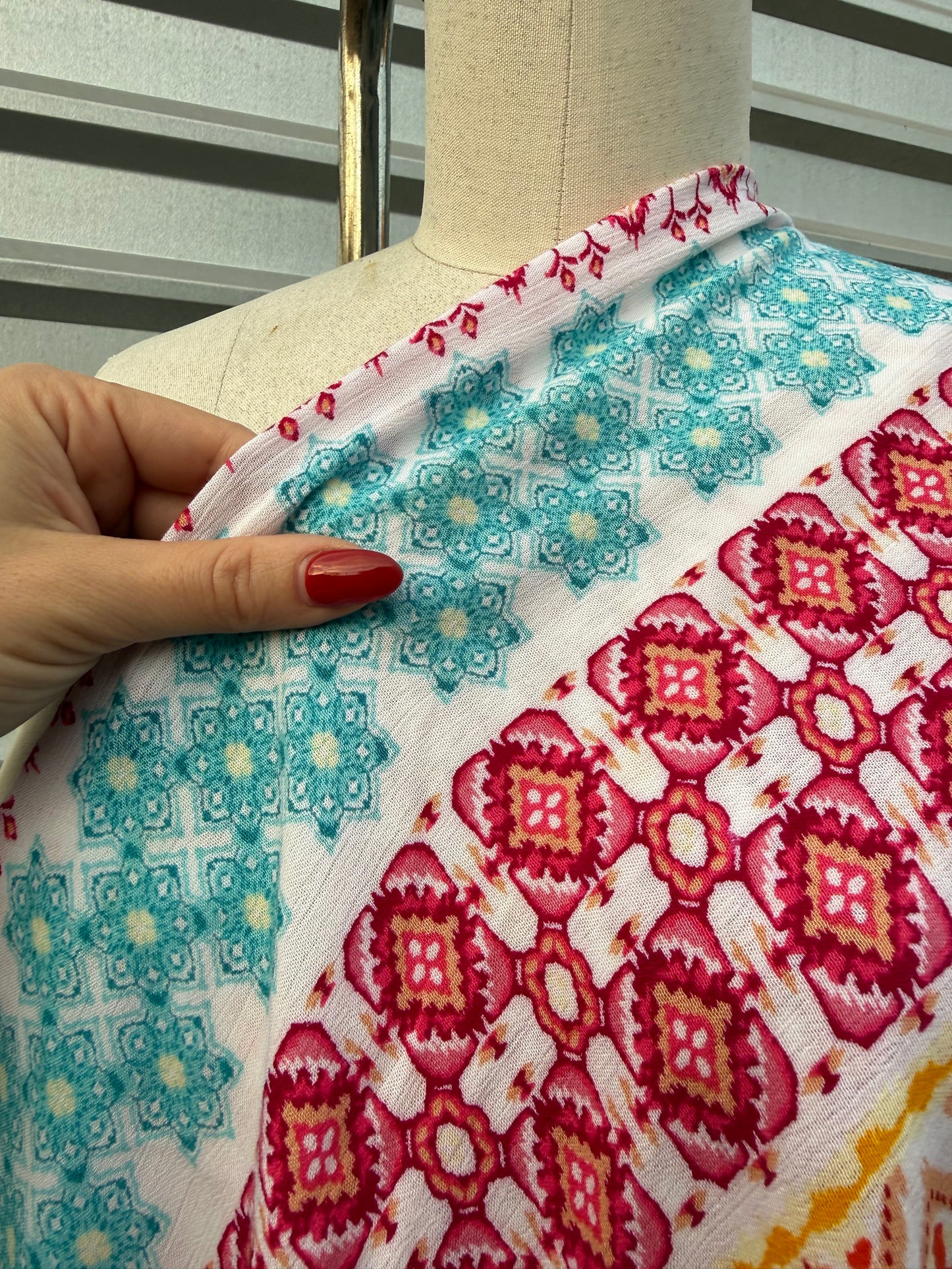 Yellow Orange White Pink Aqua Boho Geometric Stripe Print Rayon Crepe Woven "Blast in Baja"