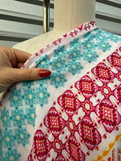 Yellow Orange White Pink Aqua Boho Geometric Stripe Print Rayon Crepe Woven "Blast in Baja"