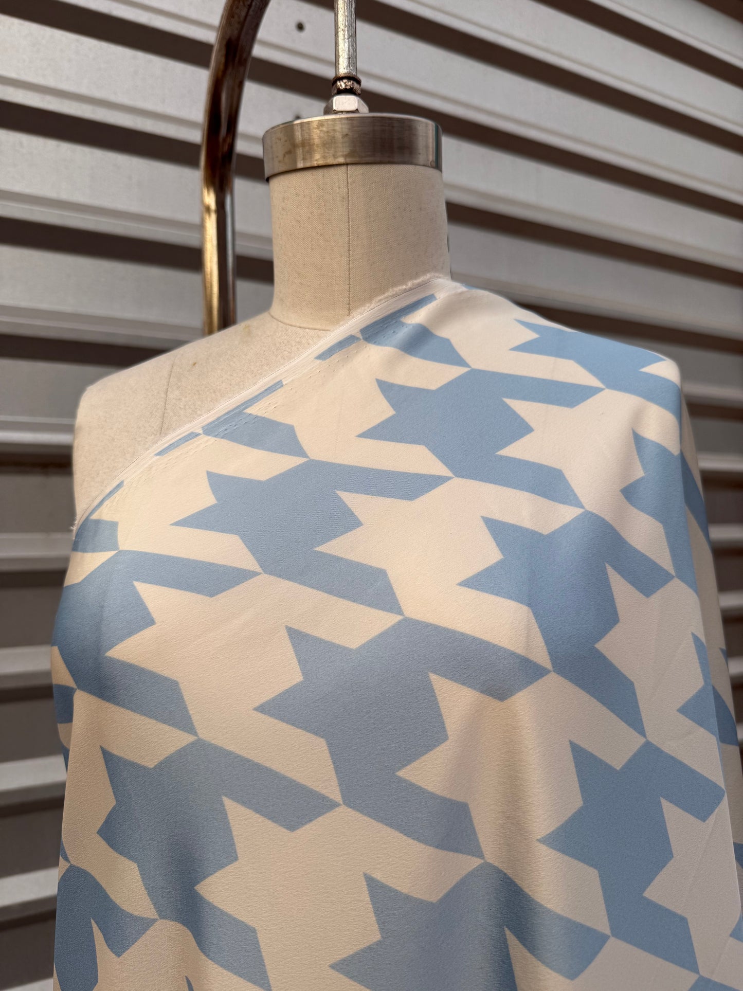 Light Blue White  Large Houndstooth Polyester Charmeuse Crepe "Sky Zoned"