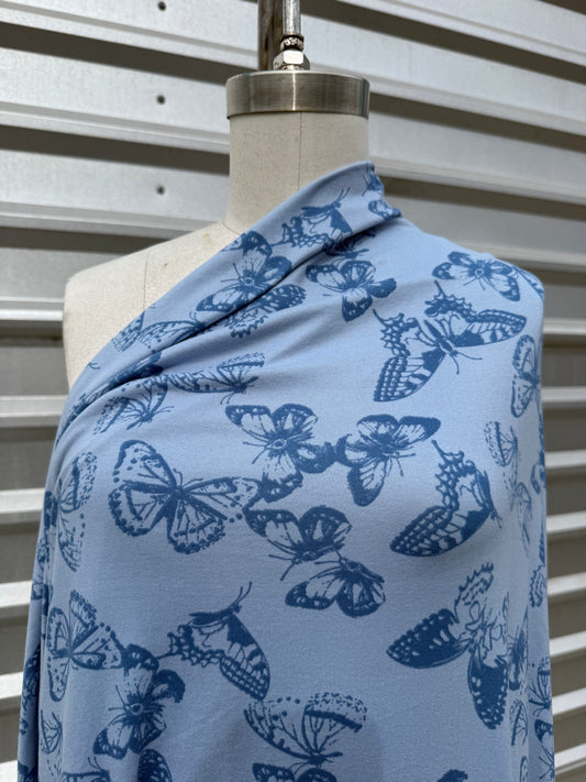 Blue Butterfly Print Polyester Spandex Knit "Blue Grass Butterfly"