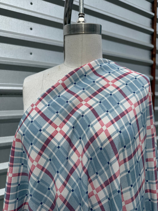Light Blue Pink Plaid Rayon Challis Woven ‘Blue Bell'