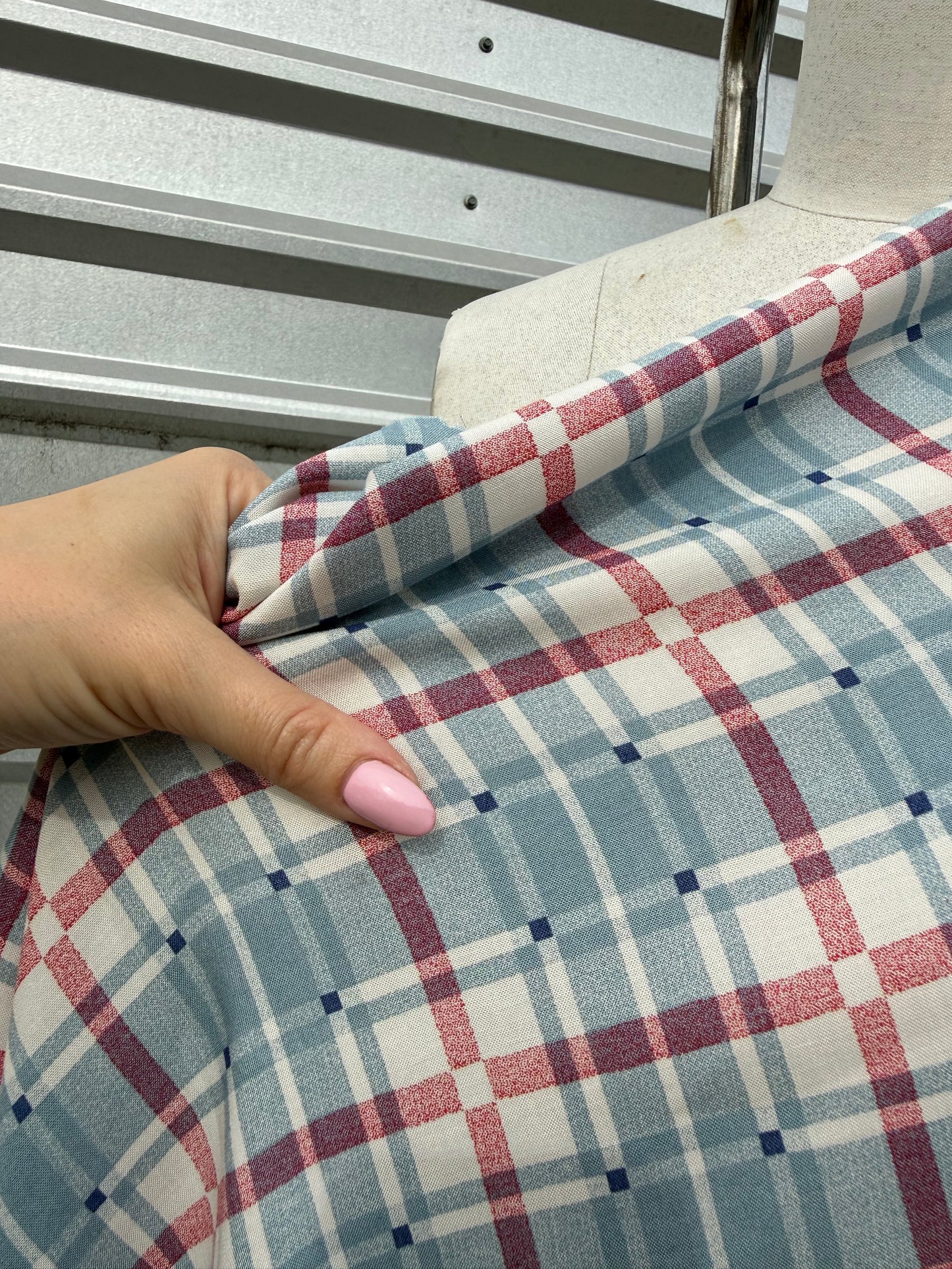 Light Blue Pink Plaid Rayon Challis Woven ‘Blue Bell'