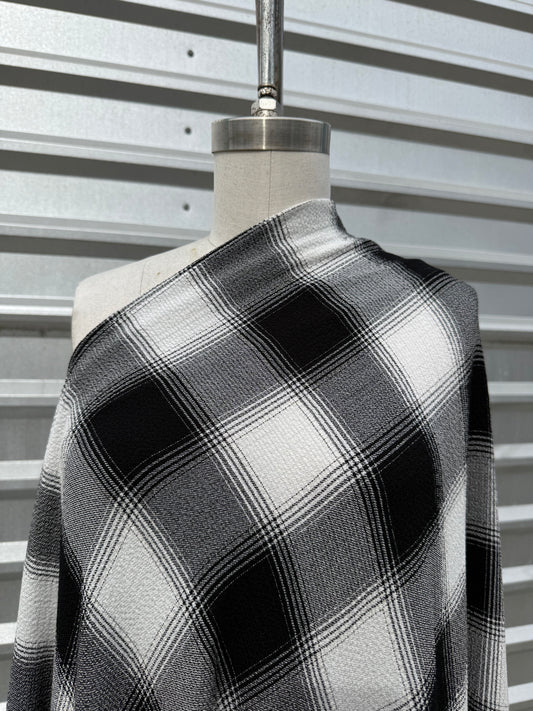 Black White Large Plaid Polyester Crepe Woven "Salt and Pepper"