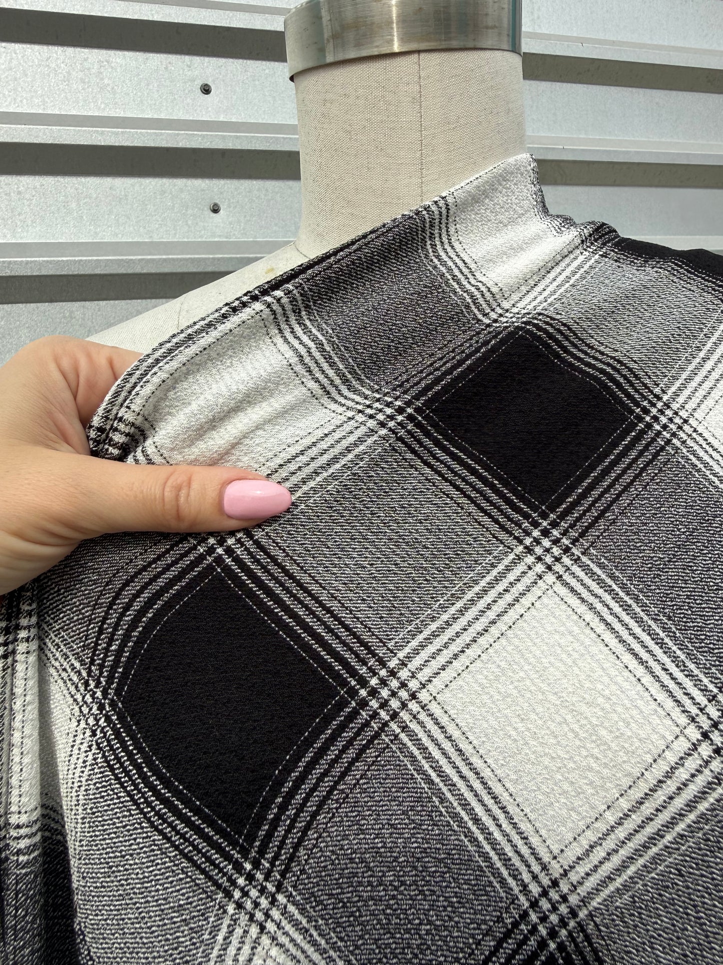 Black White Large Plaid Polyester Crepe Woven "Salt and Pepper"