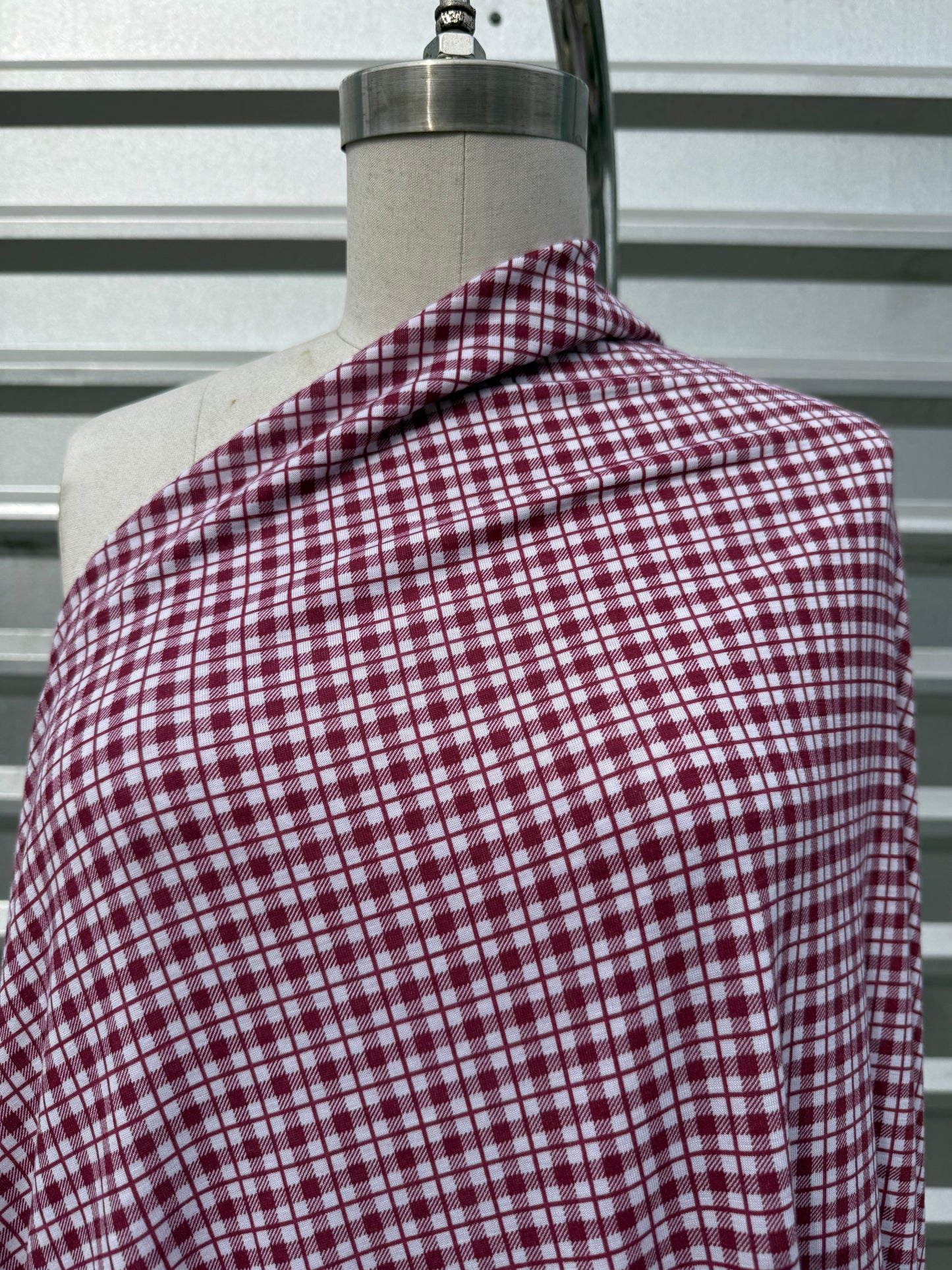Burgundy Red White Plaid Print Cotton Spandex Jersey Knit "Pick a Berry"