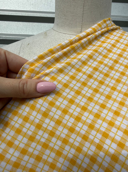 Yellow White Plaid Print Cotton Spandex Jersey Knit "Pick a Lemon"