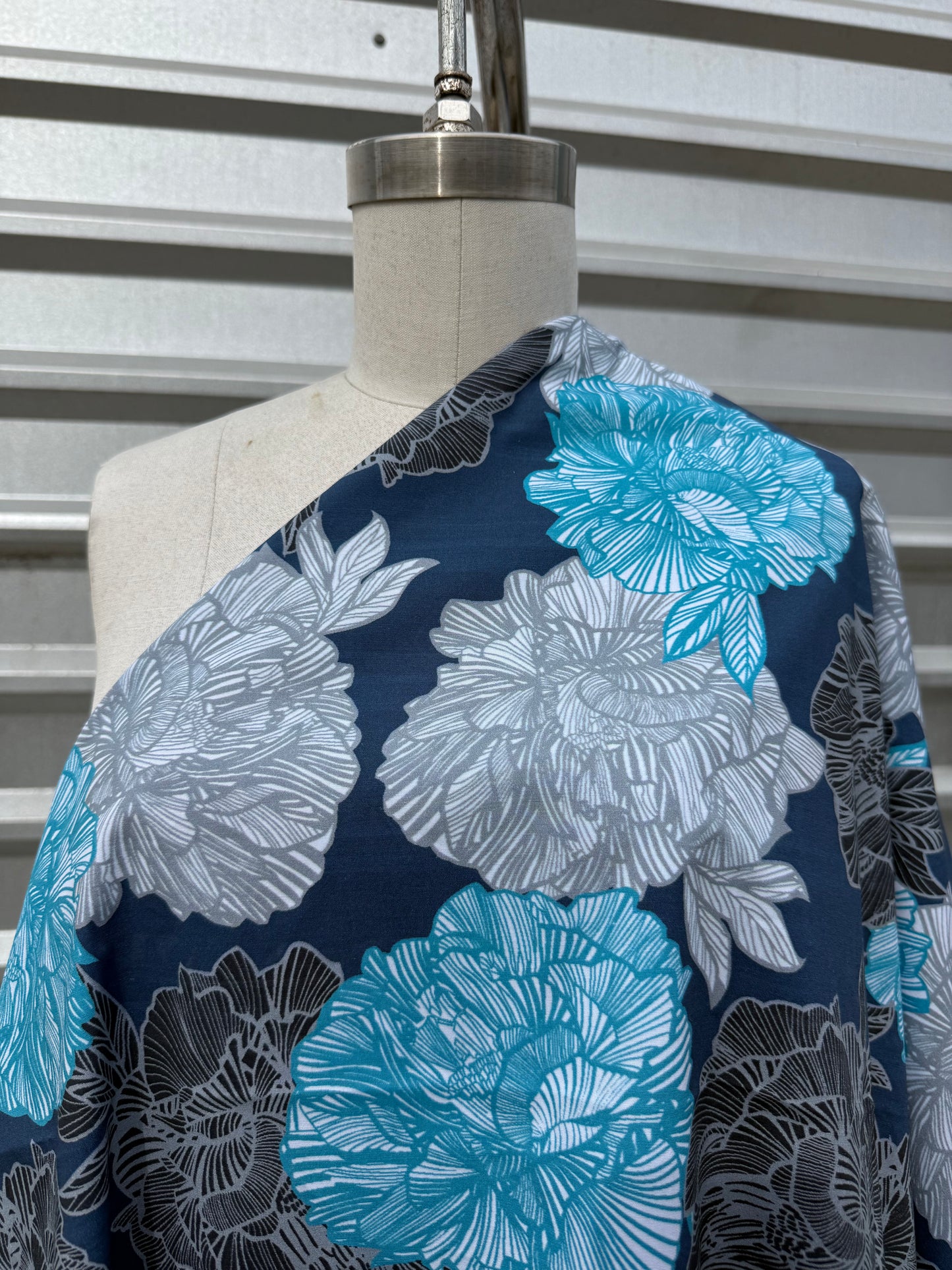 Blue Navy Grey Floral Print Cotton Poplin Woven “Veronica's Garden"