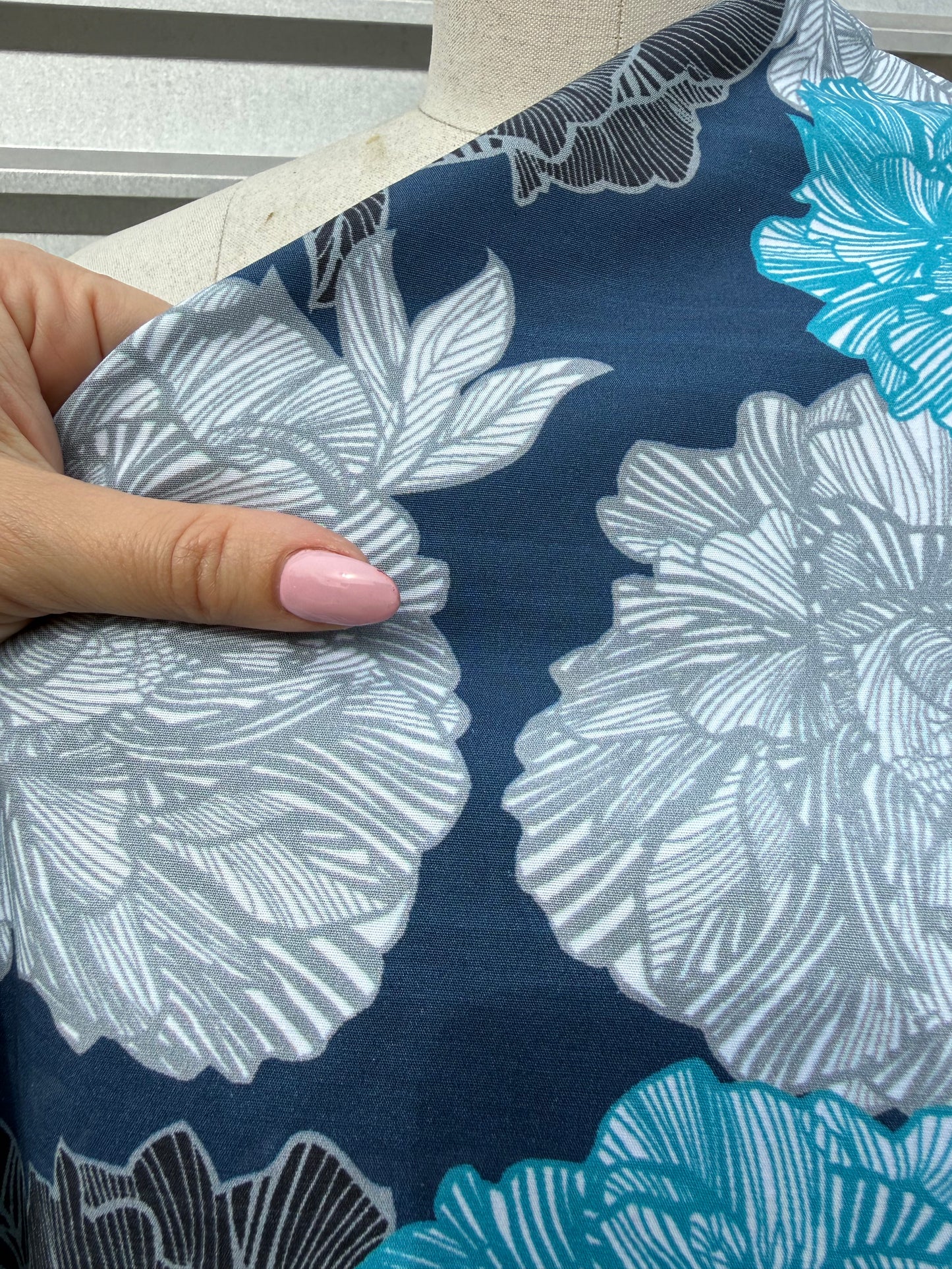 Blue Navy Grey Floral Print Cotton Poplin Woven “Veronica's Garden"