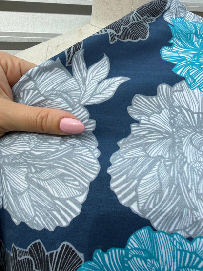 Blue Navy Grey Floral Print Cotton Poplin Woven “Veronica's Garden"
