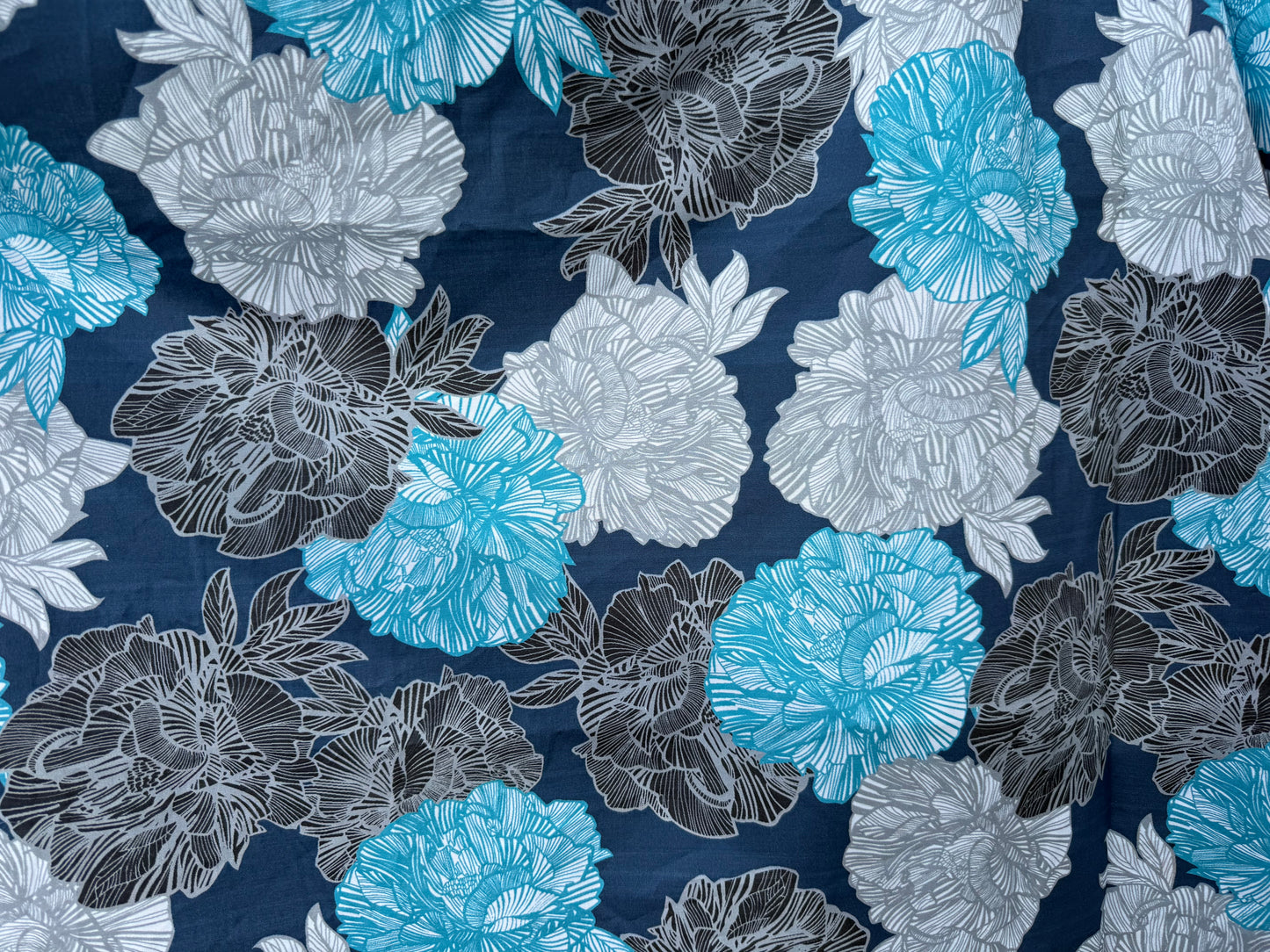 Blue Navy Grey Floral Print Cotton Poplin Woven “Veronica's Garden"