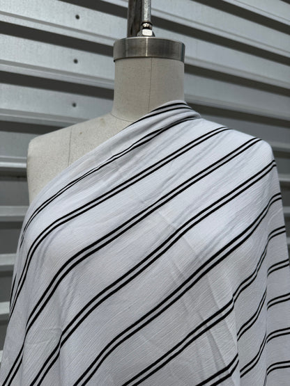 Black White Stripe Print Rayon Crepe Woven "Phone Lines"