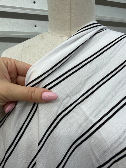 Black White Stripe Print Rayon Crepe Woven "Phone Lines"