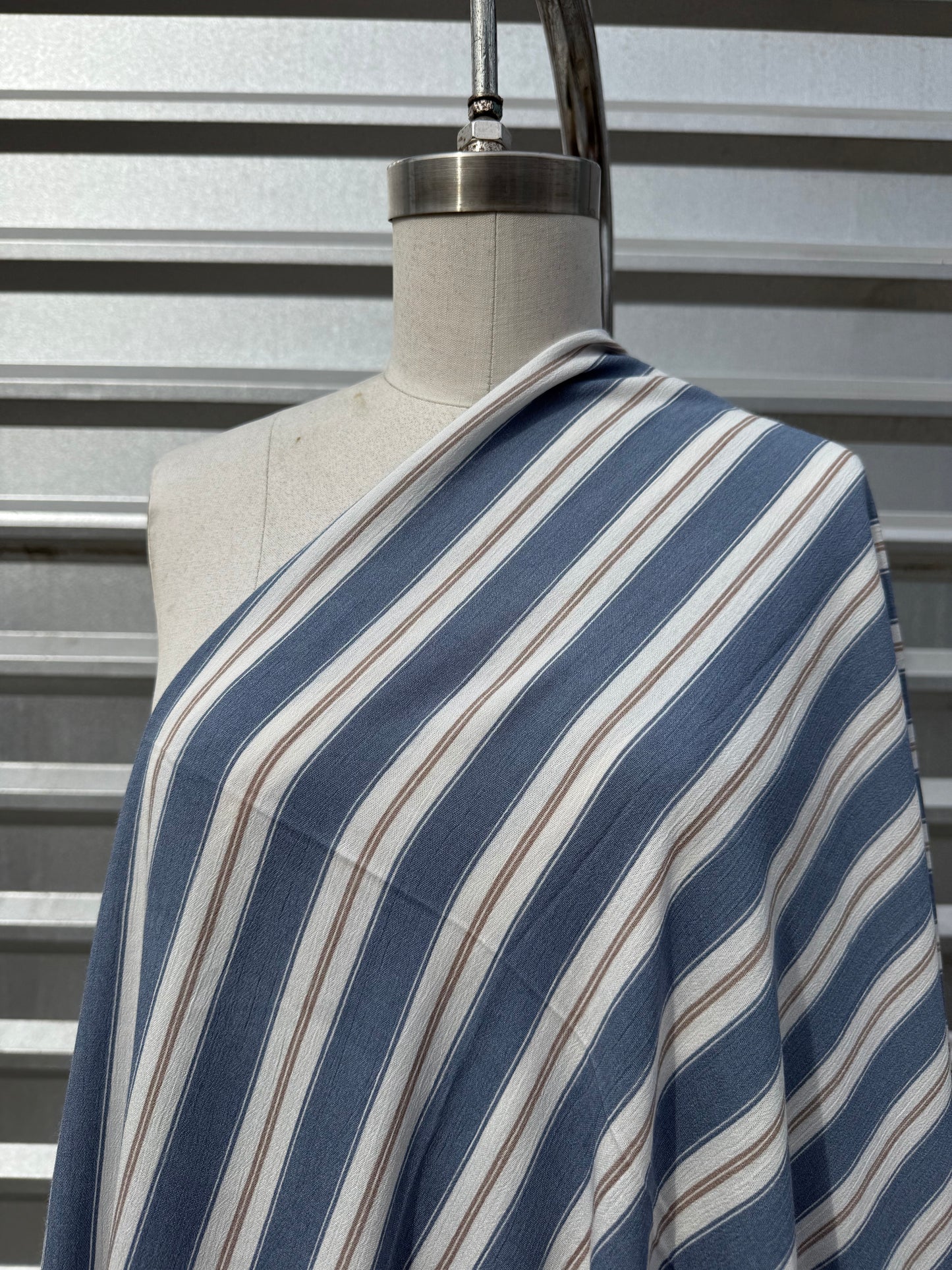 Blue White Tan Stripe Print Rayon Crepe Woven "Costal Rae"