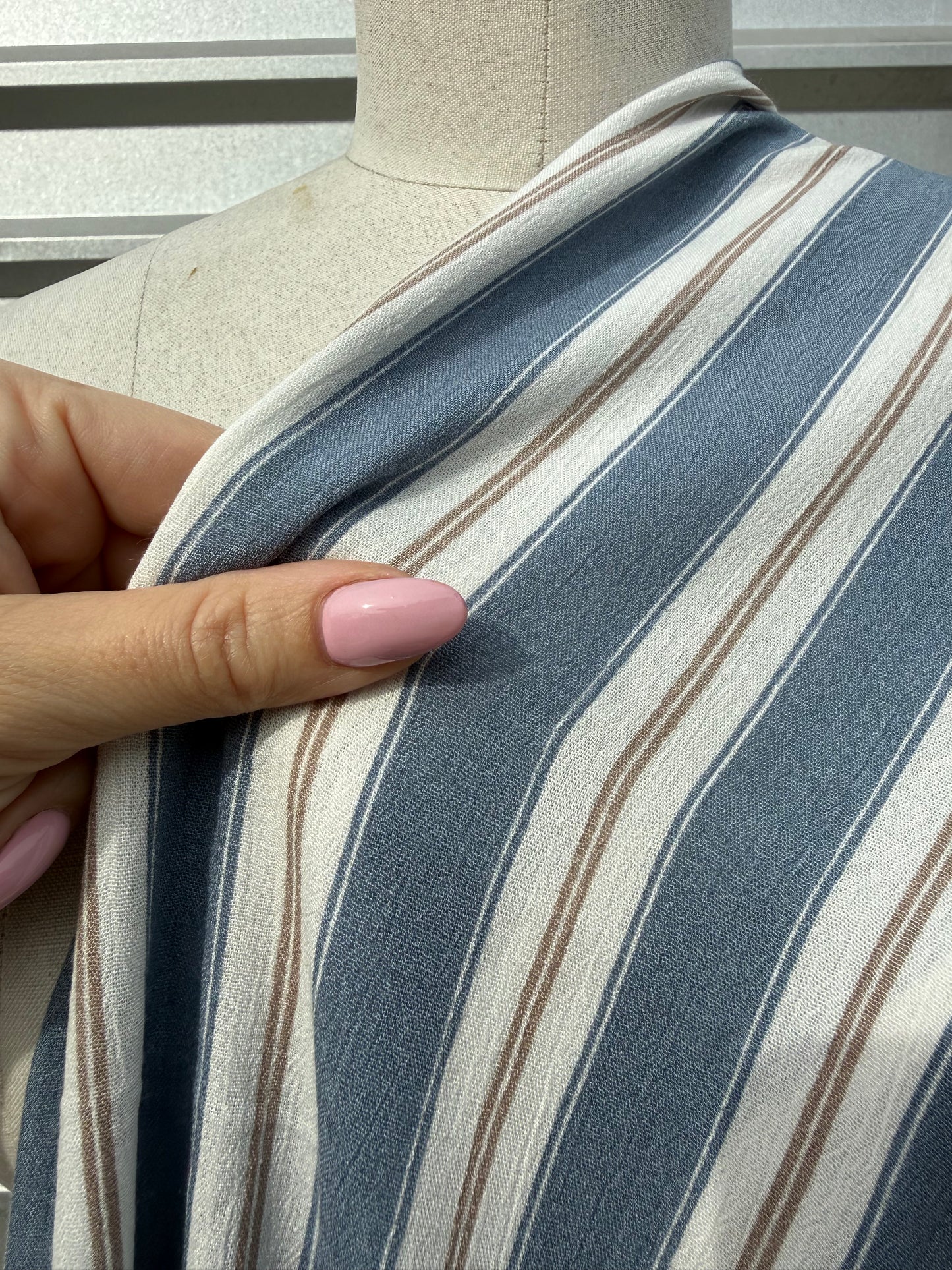 Blue White Tan Stripe Print Rayon Crepe Woven "Costal Rae"