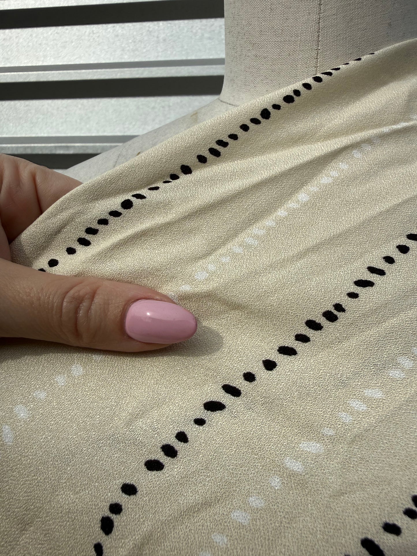 Cream Black White Dot Stripe Print Rayon Crepe Woven "Laze"