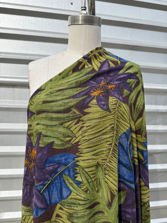 Purple Blue Brown Tropical Vintage Rayon Crepe Woven "Pua"