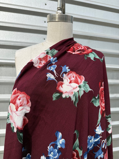 Burgundy Blue Pink Rose Floral Print Rayon Crepe Woven "Big Blooms"