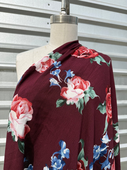 Burgundy Blue Pink Rose Floral Print Rayon Crepe Woven "Big Blooms"