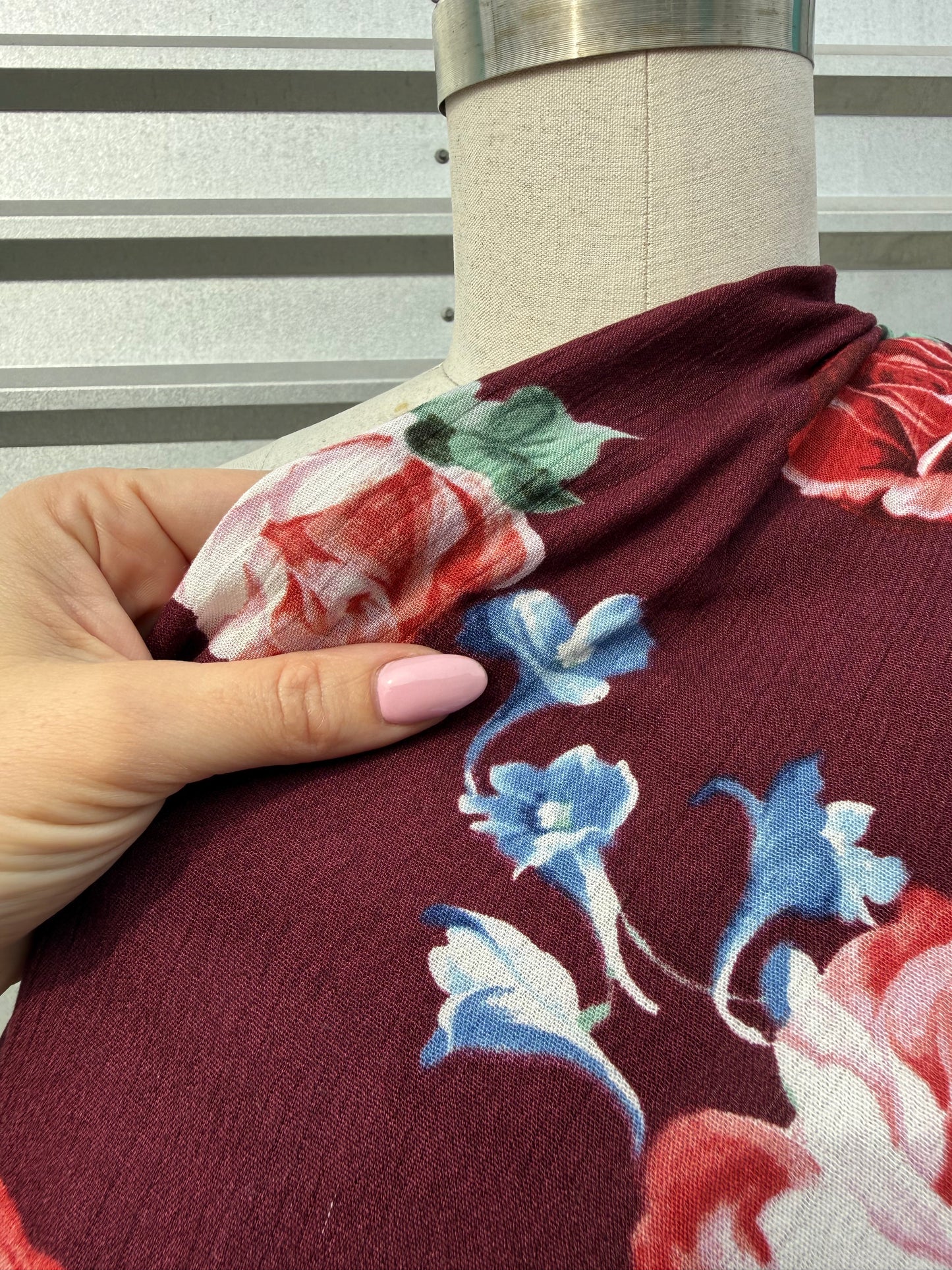 Burgundy Blue Pink Rose Floral Print Rayon Crepe Woven "Big Blooms"